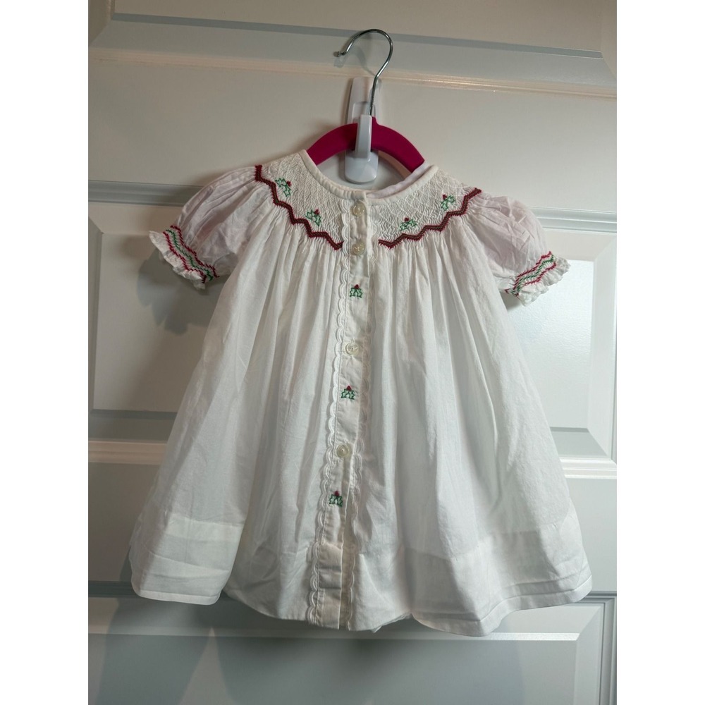 Marco & Lizzy White Smocked Holly Christmas Dress Baby Girl 9M Cotton Holiday